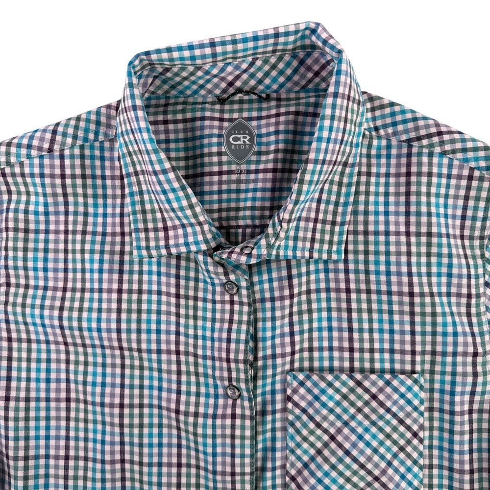 Club Ride Shirt Women Large Blue Purple Plaid Pearl Snap Bandara Cycling Jersey